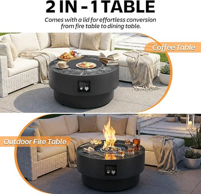 32" Outdoor Propane Fire Pit Table, 50,000 BTU Gas Fire Table with Tank Cover, Marble-Look Ceramic Top, Steel Lid, & Rain Cover, Round Patio Firepit for Backyard, Garden, Party