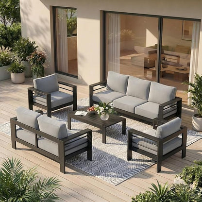 Solaste Aluminum Outdoor Patio Furniture Set, 7 Seats Patio Sectional Sofa with 5" Thick Cushion, Outdoor Patio Set with Coffee Table for Porch, Backyard, Deck, Yard, Light Grey