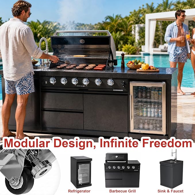 Outdoor Kitchen Island Grill with Refrigerator & Rotisserie, Heavy-Duty Stainless Steel Freestanding Grill Station, Weather-Resistant Cooking Cabinet for Backyard & Summer Parties for Propane Gas