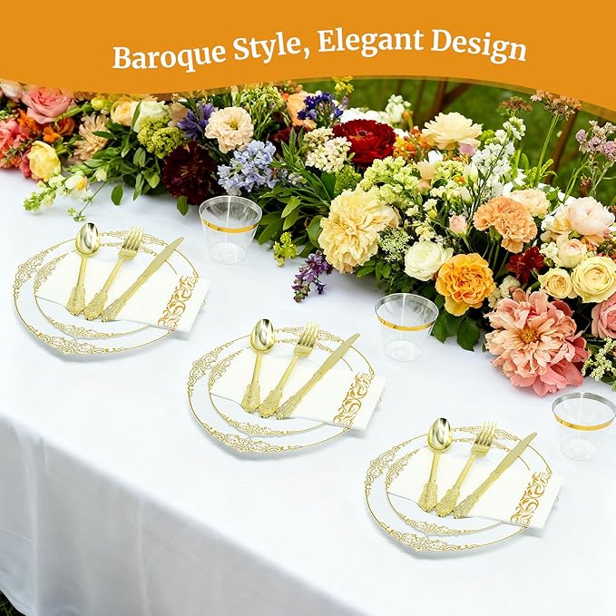 AIRE 175PCS Gold Plastic Plates for Party Supplies Dinnerware Sets for 25 Guests, Vintage Disposable Plastic Party Plates Cups Spoons Forks Knives Napkins for Wedding Birthday Christmas BBQ Parties