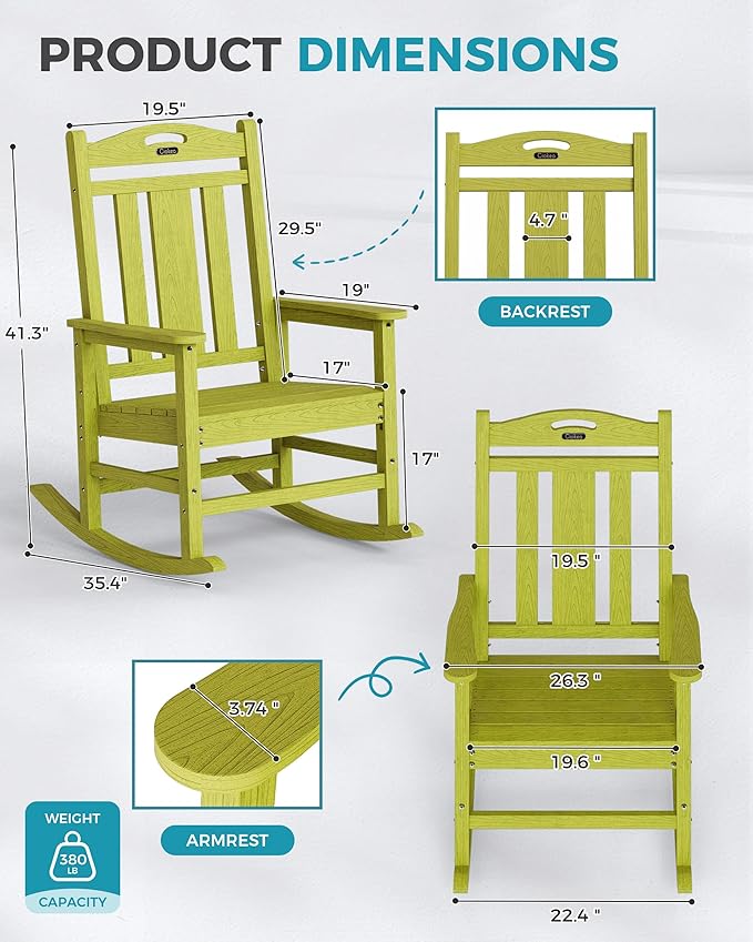 Ciokea Oversized Outdoor Rocking Chairs Set of 2, 380lbs Heavy-Duty Large Patio Rocker, High Back Cozy Porch Chairs, Weather Resistant Patio Rocking Chairs for Outside, Fire Pit, Deck, Lime Green