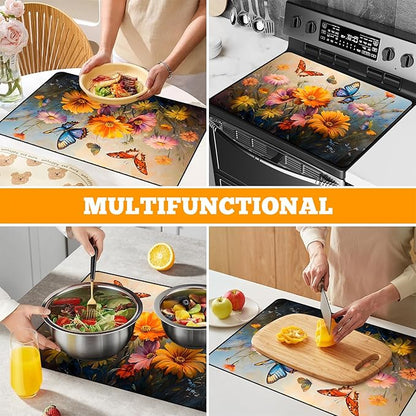 Multi-Design Stove Cover for Glass/Electric Stoves - 3-in-1 Heat-Resistant Protector Mat, Non-Slip Drying Rack 28"x20"