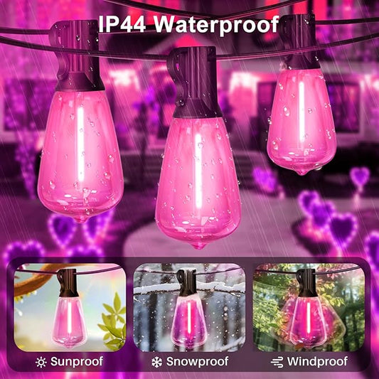 LAMPHOME 2-Pack 26Ft ST38 Pink Valentine's Day Patio Lights ，Outdoor String Lights with 12+1 ST38 Edison Bulbs, Shatterproof LED Lights for Outside Bistro Christmas Wedding Party Decorations