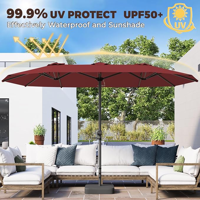 GDPFN 13FT Large Patio Umbrella with Base Included, Outdoor Deck Standing Umbrella with Crank Handle, Double-Side Rectangular Pool Umbrella for Outside, Market, Patio, Burgundy (Base Not Include)