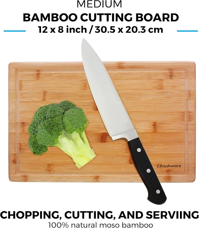 Freshware Freshware Bamboo Cutting Boards for Kitchen with Juice Groove [Set of 2] Wood Cutting Board for Chopping Meat, Vegetables, Fruits, Cheese, Knife Friendly Serving Tray with Handles
