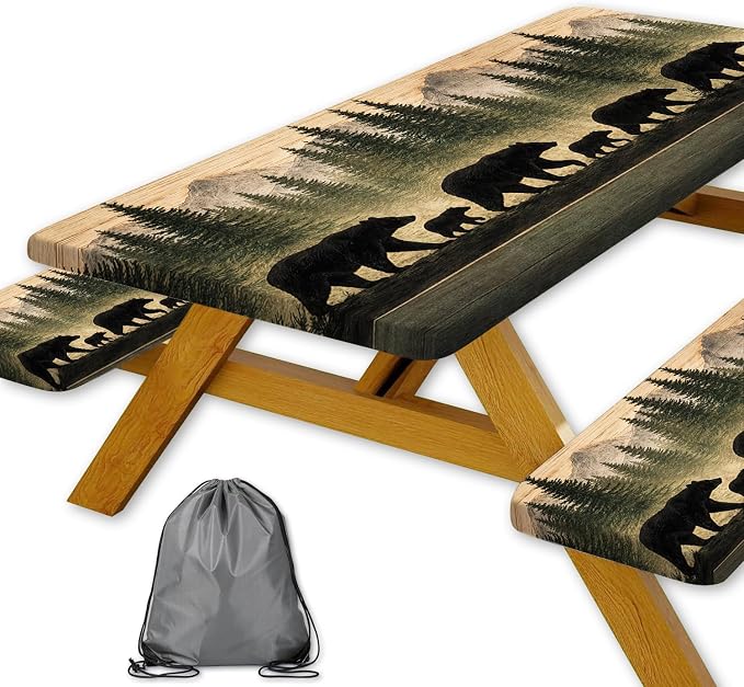 Picnic Table Cover with Bench Covers and Bag, Forest Mountain Bear Wooden Waterproof Windproof, Fitted Tablecloth Cover with Elastic Edge, for Indoor & Outdoor, Garden, Camping, 3 PCS 30x72 Inch