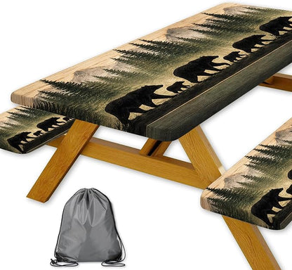 Picnic Table Cover with Bench Covers and Bag, Forest Mountain Bear Wooden Waterproof Windproof, Fitted Tablecloth Cover with Elastic Edge, for Indoor & Outdoor, Garden, Camping, 3 PCS 30x96 Inch