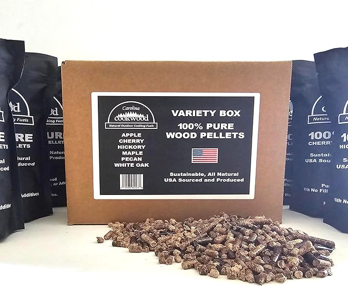 Carolina Cookwood 100% Pure Wood Pellet Variety Pack – 6-Pack (9 lbs), 100% USA-Sourced, Includes Apple, Hickory, Pecan, Maple, White Oak & Cherry, Perfect for Ninja Pellet Grills, Smoking & BBQ