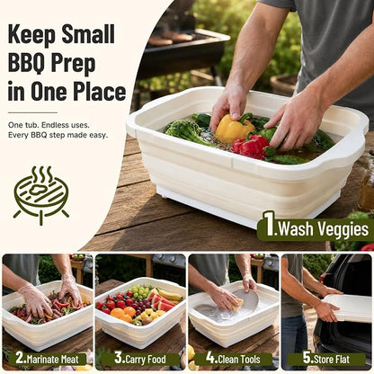 BBQ Prep Tub,16L Collapsible Cutting Board with Locking Lid, White for Camp | Foldable Marinating Basin, Leak-Resistant Edges, Space-Saving Storage, For Camping, Picnic, Tailgate, RV, Backyard Grilling