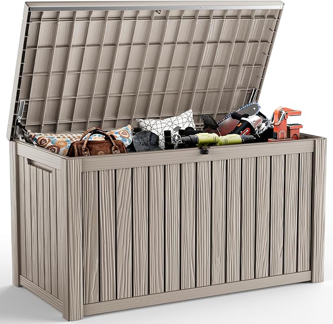 210 Gallon Large Outdoor Storage Box Waterproof, UV Resistant Resin Deck Box with Hydraulic Rod & Lockable Latch for Patio Furniture, Outside Storage Box for Garden Tools, Patio Cushions, Grey
