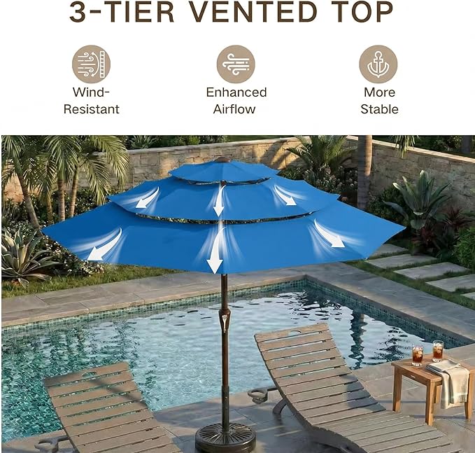 Kingdura 10ft 3-Tier Patio Umbrella, Outdoor Table Umbrella with Easy Crank & Tilt, 8 Reinforced Ribs, UV Protection for Deck, Pool, Market, Backyard (Royal blue)