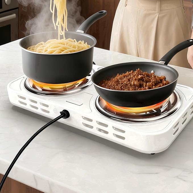 2200W Portable Electric Hot Plate for Cooking, Two Burner Electric Cooktop,Double Coil Electric Burner, Electric Stove with 2 Burner,Adjustable Temperature Control，White