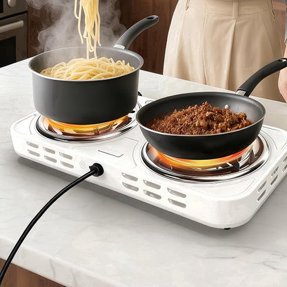 2200W Portable Electric Hot Plate for Cooking, Two Burner Electric Cooktop,Double Coil Electric Burner, Electric Stove with 2 Burner,Adjustable Temperature Control，White