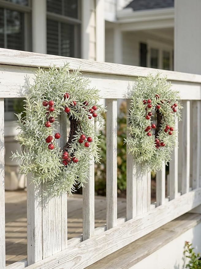 2 Pcs Christmas Candle Rings Wreaths, 10 Inch Flocked Candle Wreath with Artificial Berries Rosemary, Christmas Candle Holder Indoor Decor for Home Kitchen Cabinets Centerpieces for Tables