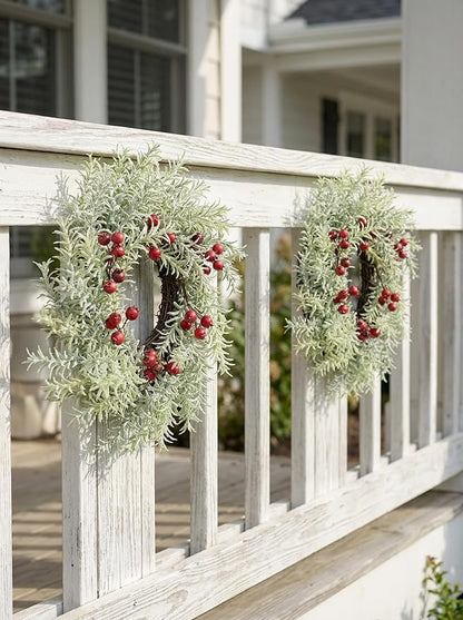 2 Pcs Christmas Candle Rings Wreaths, 10 Inch Flocked Candle Wreath with Artificial Berries Rosemary, Christmas Candle Holder Indoor Decor for Home Kitchen Cabinets Centerpieces for Tables