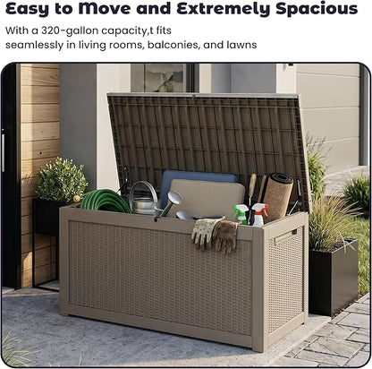 PatioZen 320 Gallon Deck Box, Outdoor Storage Box, Outdoor Storage Box for Cushions, Garden Tools, Furniture Storage,Waterproof, Lockable and Resin,Grey