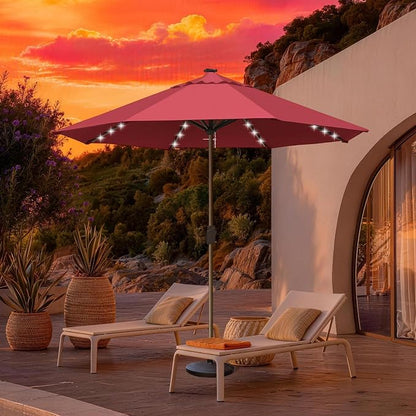 EliteShade USA 10-Year-Non-Fading 10ft Market Patio Umbrella, Commercial Grade Table Sun Umbrella with 80 Solar LED Lights, Crank Open, Windproof & UPF 50+ UV Protection for Garden, Deck, Pool, Backyard, No Tilt, Burgundy