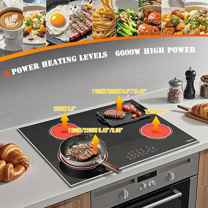 Electric Cooktop 30 Inch 4 Burner, 6600W No Plug | 30 Inches Ceramic Stovetop Built-in with Dual & Expanded Ring, 99-Min Timer, Safety Lock, 220V - 240V Hard Wired