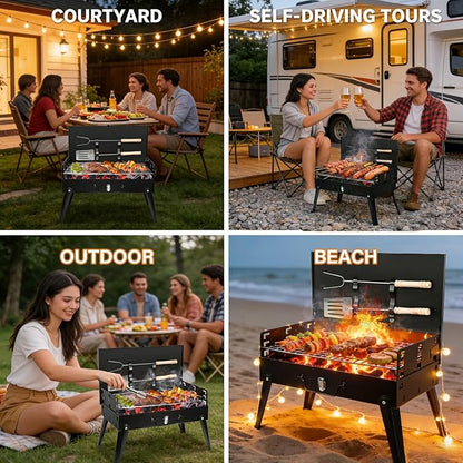 Mini Portable Charcoal Grill, Foldable Camping Mini Grill for Outdoor Cooking, Compact Design Barbecue Accessories with Barbecue Tools, Perfect for Beach, Backyard, Picnics