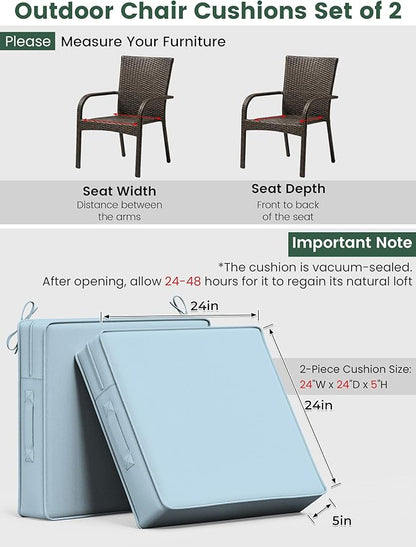 Outdoor Chair Cushion 24 x 24 x 5 Inches Patio Furniture Outdoor Waterproof Seat Cushion, Patio Chair Cushion with Handles and Ties, Square Dining Chair Cushion Set of 2, Sky Blue