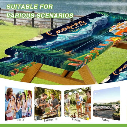 Picnic Table Cover with Bench Covers and Bag, Forest Mountain Lake Fitted Outdoor Table Covers, Camping Essentials, Windproof & Waterproof Tablecloth Cover with Elastic Edge, 3 PCS, 30x60 Inch