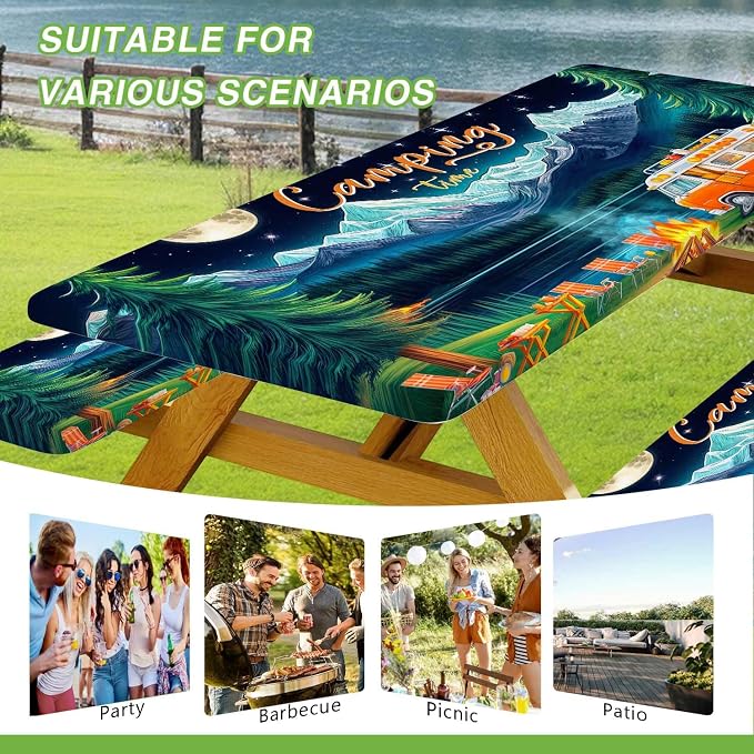 Picnic Table Cover with Bench Covers and Bag, Forest Mountain Lake Fitted Outdoor Table Covers, Camping Essentials, Windproof & Waterproof Tablecloth Cover with Elastic Edge, 3 PCS, 30x96 Inch