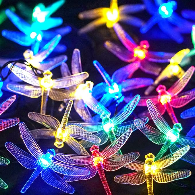 Solar Dragonfly String Light 30LED 21ft Garden Stake Lights Waterproof Outdoor Twinkle Fairy Lights with 8 Lighting Modes for Trees Patio Fence Christmas Decor (Multi-Colored)