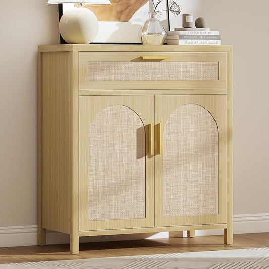 Rattan Buffet Cabinet with Storage, Sideboard Cabinet with Doors and Shelves, Accent Coffee Bar with Drawers, Farmhouse Kitchen Storage Cabinets, credenza for Entryway, Living Room Natural