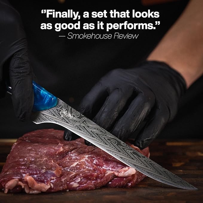 Jikko® SteelFang Edition – Japanese Brisket & Fillet Knife Set with Olive Wood & Blue Epoxy Resin Handles | Premium Butcher & Carving Knives for Meat, BBQ & Fish – Ultra Sharp Stainless Steel Blades
