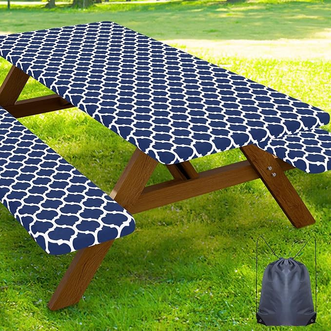 Smiry Picnic Table Cover with Bench Covers, Waterproof Elastic Fitted Tablecloth for 4 Foot Tables, Washable Polyester Tablecloths for Camping, Indoor & Outdoor (Navy, 24x48 Inch 3-pc Set)