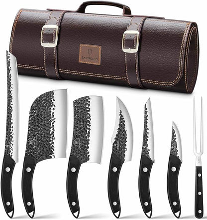 8 PCS Butcher Knife Set, Japanese Kitchen Knife Set, Hand Forged Chef Knife Set with Leather Roll Bag, Sharp Meat Cleaver Knife for Kitchen & Hunting & Camping & BBQ, Best Gift for Men