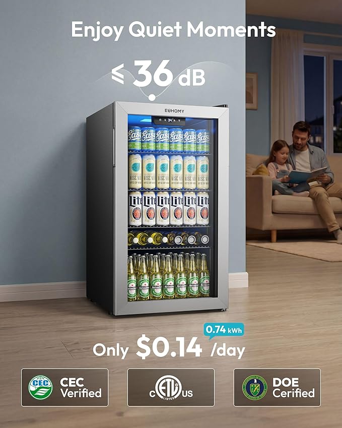 EUHOMY Beverage Refrigerator and Cooler, 128 Can Mini fridge with Glass Door, Small Refrigerator with Adjustable Shelves for Soda Beer or Wine, Perfect for Home/Bar/Office, Silver