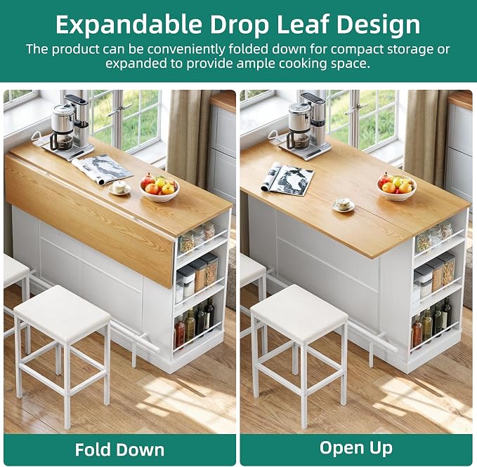 YITAHOME Kitchen Island with Seating | 47 Inch Mobile Storage Island with Drop Leaf, Power Outlet & Spice Rack, 2 Upholstered Stools and Footrest, White Oak