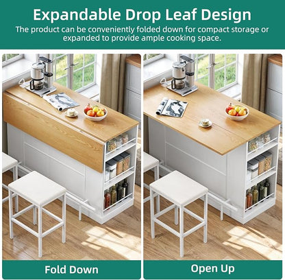 YITAHOME Kitchen Island with Seating | 47 Inch Mobile Storage Island with Drop Leaf, Power Outlet & Spice Rack, 2 Upholstered Stools and Footrest, White Oak