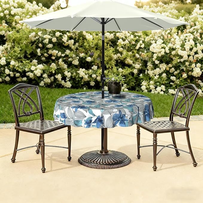 LVTXIII Outdoor Tablecloth with Umbrella Hole and Zipper, 60 Inch Water-Repellent Patio Table Cloth, Round Table Covers for Backyard Garden, Clemens Noir Blue