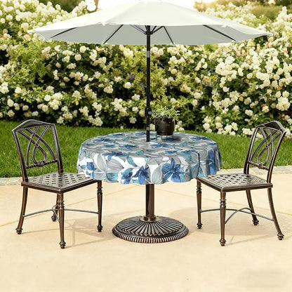 LVTXIII Outdoor Tablecloth with Umbrella Hole and Zipper, 60 Inch Water-Repellent Patio Table Cloth, Round Table Covers for Backyard Garden, Clemens Noir Blue