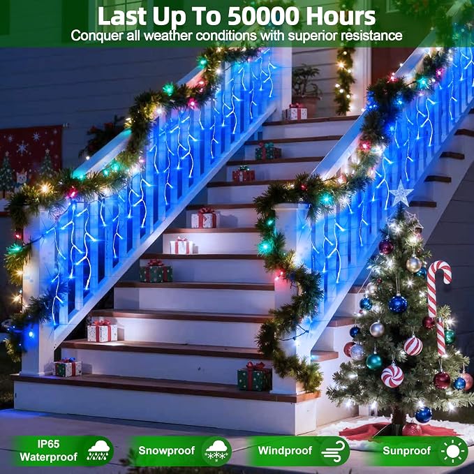 504 LED 50FT Christmas Lights, 112 Drops Icicle Lights with 12 Modes | Blue Icicle String Lights with Timer and Dimming for Windows, Porch Rails, Small Eaves and Entryway Holiday Displays