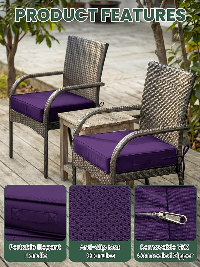 Outdoor Chair Cushion 24 x 24 x 5 Inches Patio Furniture Outdoor Waterproof Seat Cushion, Patio Chair Cushion with Handles and Ties, Square Dining Chair Cushion Set of 2, Purple