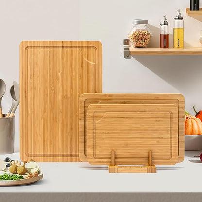 Bamboo Cutting Board For Kitchen, Bamboo Cutting Board Set of 3 with Juice Groove, Double-Sided Chopping Board Serving Board for Meat, Vegetables and Cheese