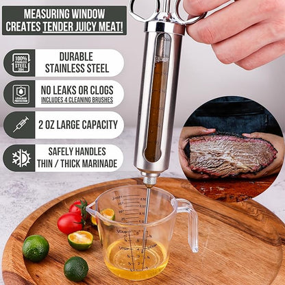Professional Meat Injector Marinade Syringe Kit for Smoking & Grilling Turkey, Brisket & BBQ, Large 2 Oz Stainless Steel Visible Capacity, Never Leaks or Clogs + Meat Shredding Claws & Flavor Brush