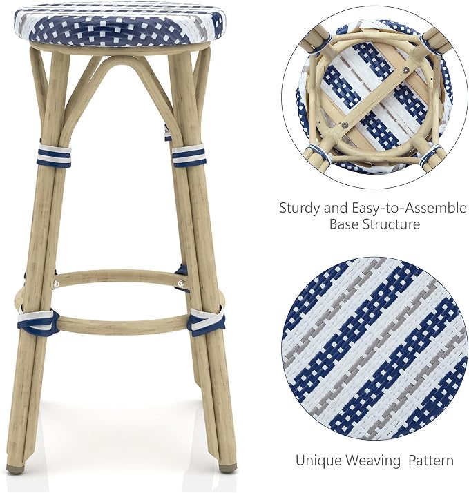 Seadrift Boho 26-inch Aluminum and All-Weather Wicker Barstools with Footrest, Patio Stools & Bar Chairs for Outdoor, Kitchen Counter, Poolside, Yard, Set of 2, Navy Blue and White