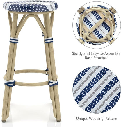 Seadrift Boho 26-inch Aluminum and All-Weather Wicker Barstools with Footrest, Patio Stools & Bar Chairs for Outdoor, Kitchen Counter, Poolside, Yard, Set of 2, Navy Blue and White