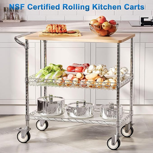 Rolling Kitchen Carts with Wheels, 3-Tier Utility Cart with Wood Tabletop | NSF Commercial Metal Serving Cart with Handle and Shelf Liner for Kitchen Snacks, 34"D x 17.5"W x 32.5"H,Chrome