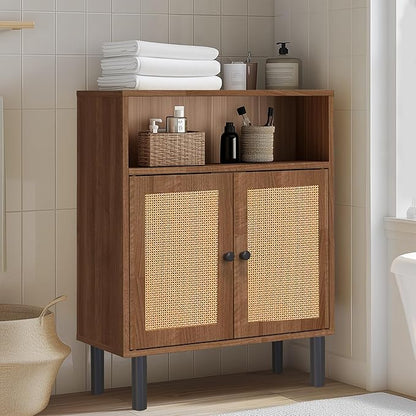 Rattan Storage Cabinet, Boho Accent Cabinet with Double Doors | Small Freestanding Sideboard for Hallway, Laundry Room,Kitchen, Dining Room, Entryway (Walnut)