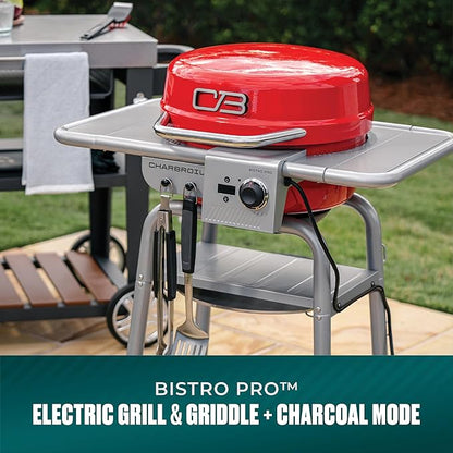 Charbroil 3-in-1 Dual Fuel Outdoor Bistro Pro Electric Grill & Griddle + Charcoal Mode BBQ, Red - 25302146