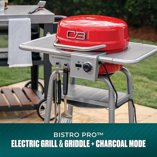 Charbroil 3-in-1 Dual Fuel Outdoor Bistro Pro Electric Grill & Griddle + Charcoal Mode BBQ, Red - 25302146
