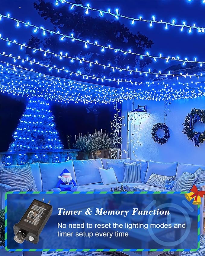 125FT 380LED Blue Christmas Lights, Extra Long Outdoor String Lights Waterproof, Timer & Memory, 8 Modes Dimmable Plug in Fairy Lights for Outside Tree Wedding Patry Holiday Decorations