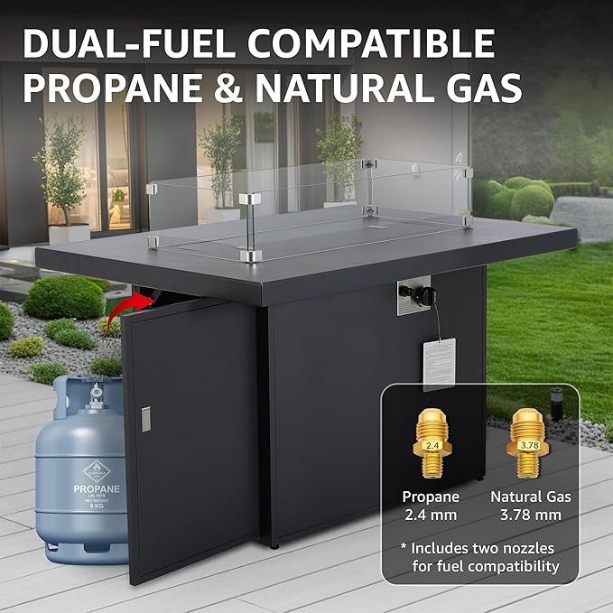 BULEXYARD 43" Aluminum Propane/Natural Gas Fire Pit Table, 60,000 BTU Rectangle Outdoor Patio Firepit Table with Cover, Lid & Wind Guard, Modern CSA-Certified Fireplace for Outside Patio, Dark Grey