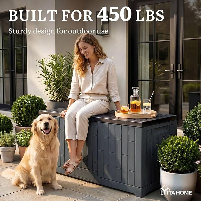 YITAHOME 120 Gallon Large Deck Box, Resin Outdoor Storage Box for Outdoor Pillows, Garden Tools and Pool Supplies, Waterproof, Lockable, Dark Gray