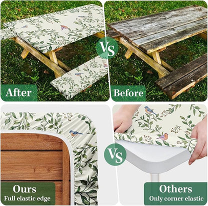 Picnic Table Cover with Bench Covers, Botanical Bird, 3PCS, 72 Inch | Camper Fitted Tablecloth with Bench Elastic Edges Waterproof Essentials with Drawstring Bag